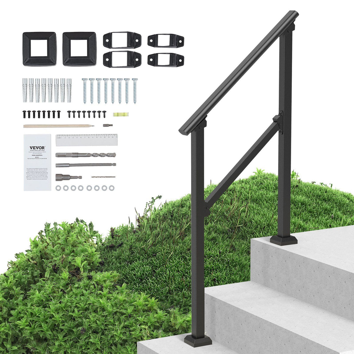 Handrails for Outdoor Steps, 2-3 Step Stair Hand Rail Kit, Transitional Carbon Steel Railings with Installation Kit, Stair Rails for Seniors, Concrete Steps &amp; Porch &amp; Deck, Black Square Tube