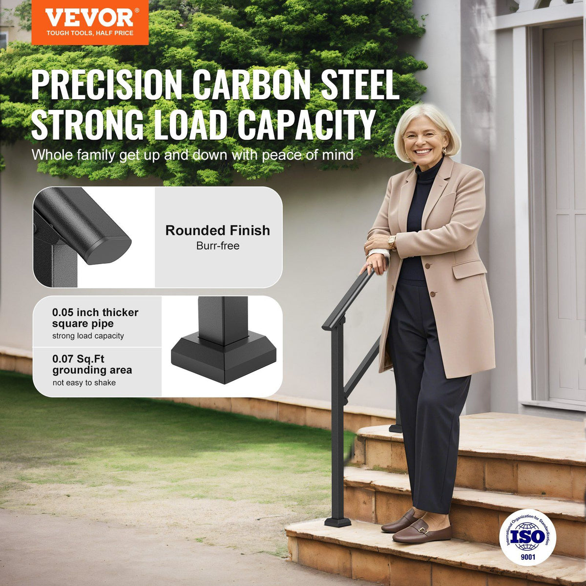 Handrails for Outdoor Steps, 2-3 Step Stair Hand Rail Kit, Transitional Carbon Steel Railings with Installation Kit, Stair Rails for Seniors, Concrete Steps & Porch & Deck, Black Square Tube