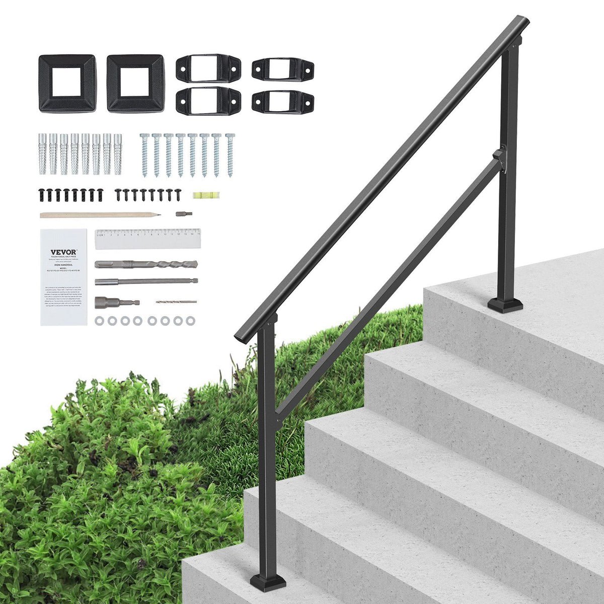 Handrails for Outdoor Steps, 4-5 Step Stair Hand Rail Kit, Transitional Carbon Steel Railings with Installation Kit, Stair Rails for Seniors, Concrete Steps &amp; Porch &amp; Deck, Black Square Tube