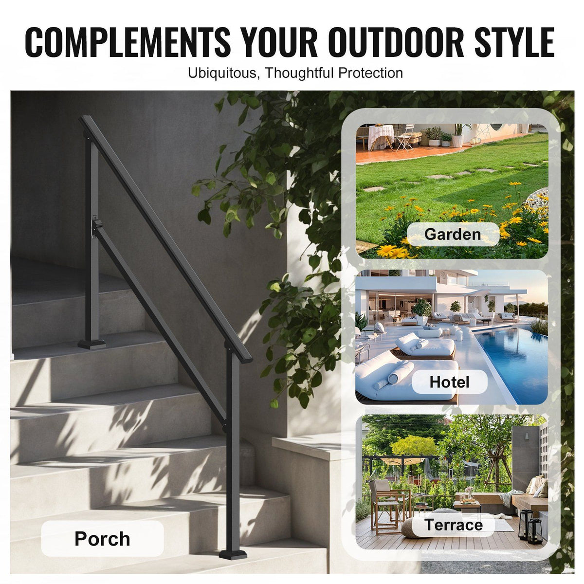 Handrails for Outdoor Steps, 4-5 Step Stair Hand Rail Kit, Transitional Carbon Steel Railings with Installation Kit, Stair Rails for Seniors, Concrete Steps & Porch & Deck, Black Square Tube