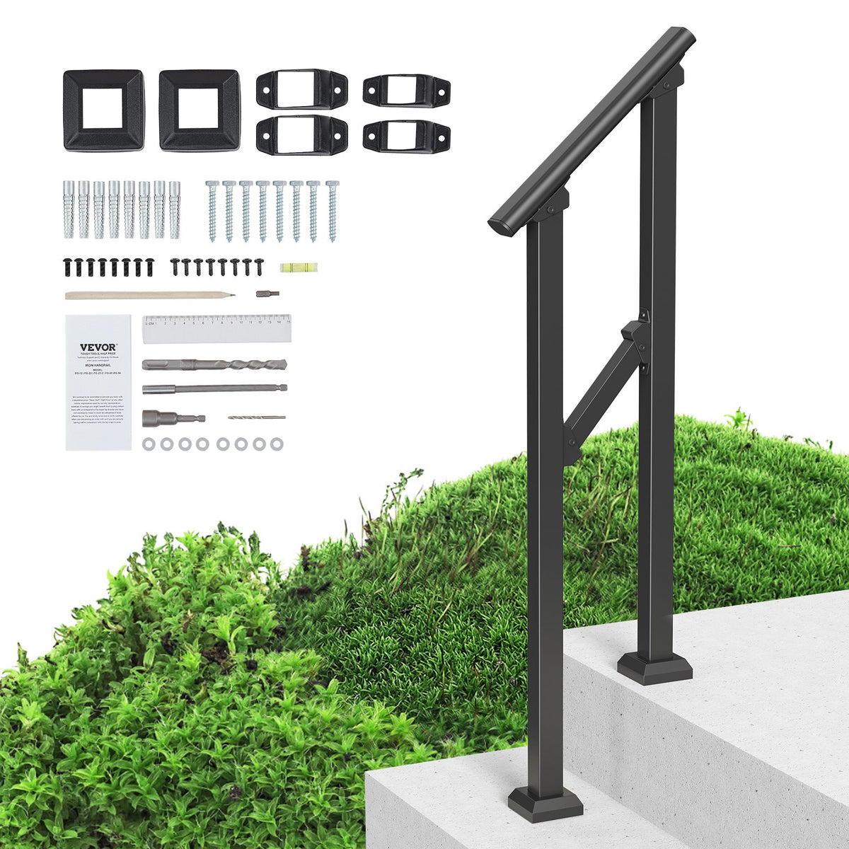 VEVOR Handrails for Outdoor Steps, 1-2 Step Stair Hand Rail Kit, Transitional Carbon Steel Railings with Installation Kit, Stair Rails for Seniors, Concrete Steps &amp; Porch &amp; Deck, Black Square Tube