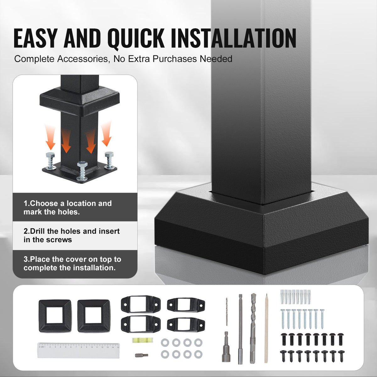 VEVOR Handrails for Outdoor Steps, 1-2 Step Stair Hand Rail Kit, Transitional Carbon Steel Railings with Installation Kit, Stair Rails for Seniors, Concrete Steps & Porch & Deck, Black Square Tube