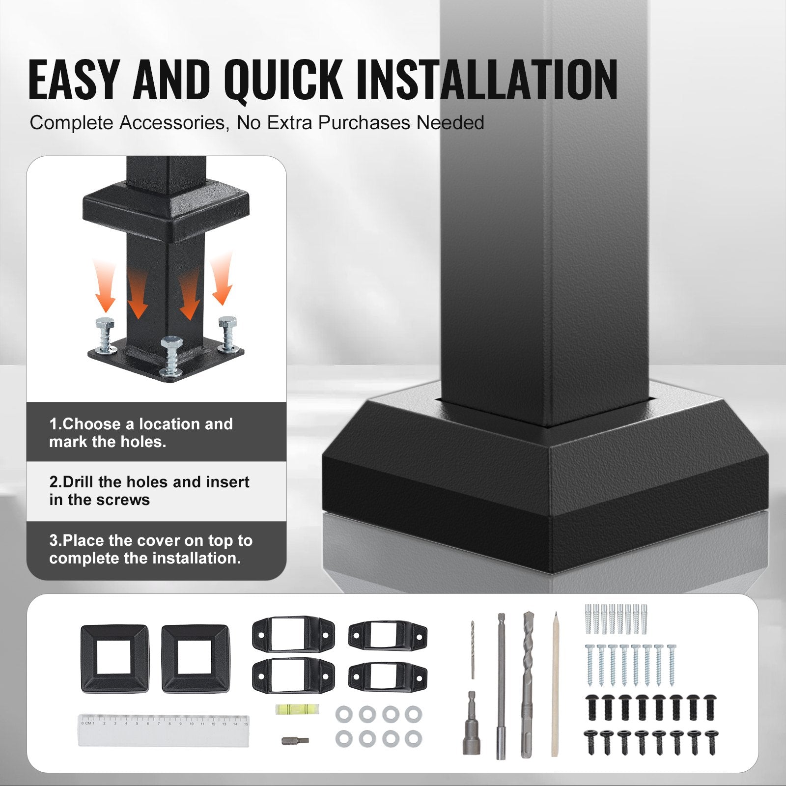 VEVOR Handrails for Outdoor Steps, 1-2 Step Stair Hand Rail Kit, Transitional Carbon Steel Railings with Installation Kit, Stair Rails for Seniors, Concrete Steps & Porch & Deck, Black Square Tube