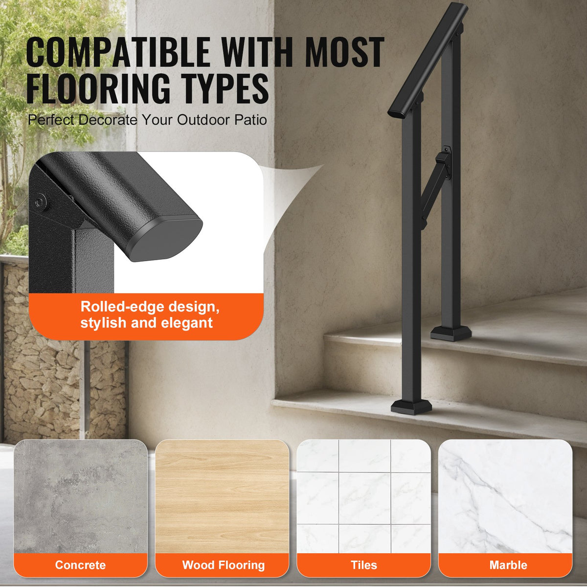 VEVOR Handrails for Outdoor Steps, 1-2 Step Stair Hand Rail Kit, Transitional Carbon Steel Railings with Installation Kit, Stair Rails for Seniors, Concrete Steps & Porch & Deck, Black Square Tube