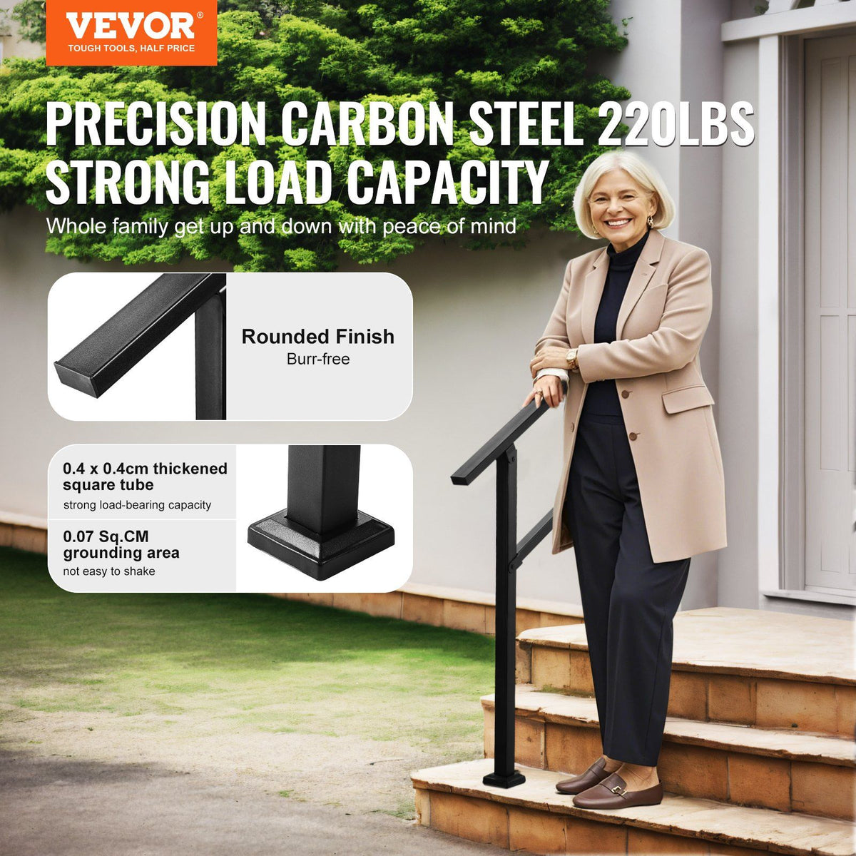 Outdoor Handrails for Steps, 2-3 Step Stair Rail Kit, Black Square Tube with Horizontal Bar, Carbon Steel Support Rails for Seniors, Concrete & Deck Stairs, Easy Installation