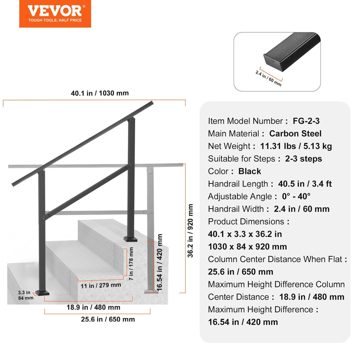 Outdoor Handrails for Steps, 2-3 Step Stair Rail Kit, Black Square Tube with Horizontal Bar, Carbon Steel Support Rails for Seniors, Concrete & Deck Stairs, Easy Installation