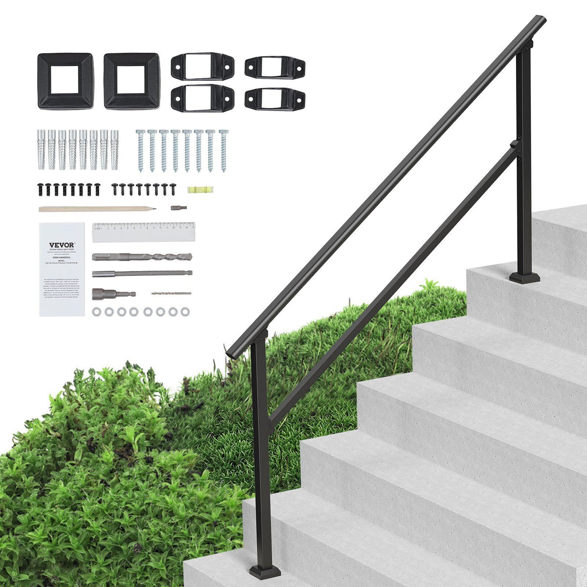 Handrails for Outdoor Steps, 5 Step Stair Hand Rail Kit, Transitional Carbon Steel Railings with Installation Kit, Stair Rails for Seniors, Concrete Steps &amp; Porch &amp; Deck, Black Square Tube