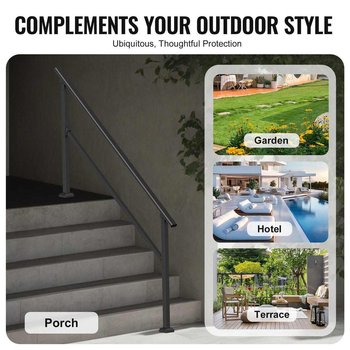 Handrails for Outdoor Steps, 5 Step Stair Hand Rail Kit, Transitional Carbon Steel Railings with Installation Kit, Stair Rails for Seniors, Concrete Steps & Porch & Deck, Black Square Tube