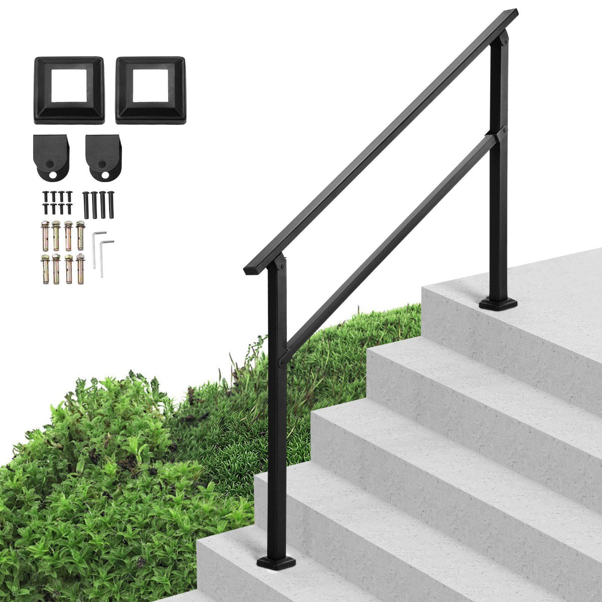 Outdoor Handrails for Steps, 4-5 Step Stair Rail Kit, Black Square Tube with Horizontal Bar, Carbon Steel Support Rails for Seniors, Concrete &amp; Deck Stairs, Easy Installation
