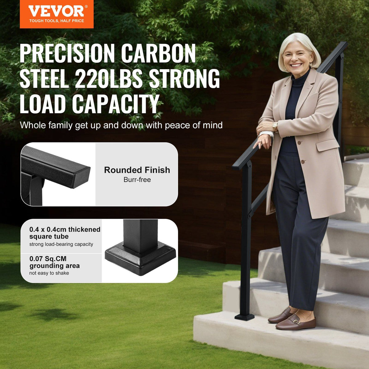 Outdoor Handrails for Steps, 4-5 Step Stair Rail Kit, Black Square Tube with Horizontal Bar, Carbon Steel Support Rails for Seniors, Concrete & Deck Stairs, Easy Installation