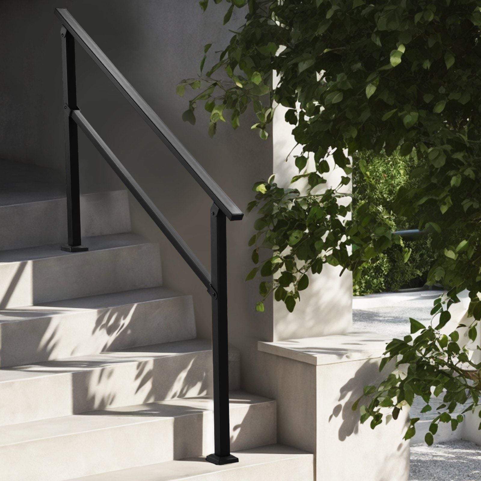 Outdoor Handrails for Steps, 4-5 Step Stair Rail Kit, Black Square Tube with Horizontal Bar, Carbon Steel Support Rails for Seniors, Concrete & Deck Stairs, Easy Installation