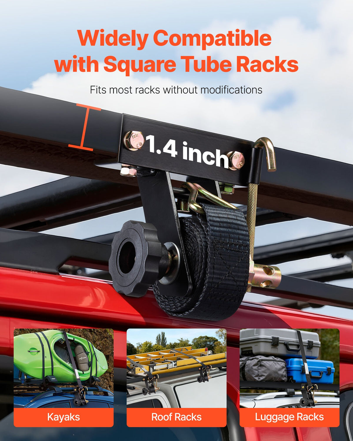 VEVOR Ladder Rack Ratchet Straps, Black Square Tube Mount, 38 mm Wide x 2.25 m Long Black Ladder Rack Straps with Double J-Hooks, 226.8 kg Load Heavy Duty, Cargo Buckle Lock Strap (4 Pack)