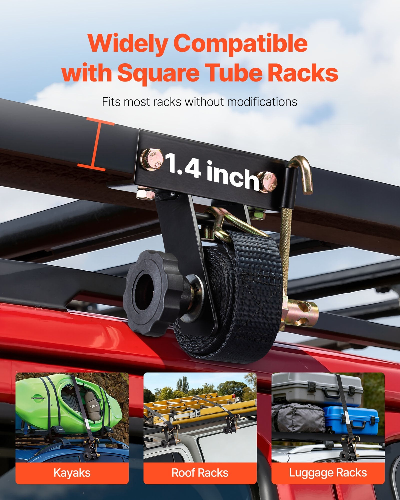 VEVOR Ladder Rack Ratchet Straps, Black Square Tube Mount, 38 mm Wide x 2.25 m Long Black Ladder Rack Straps with Double J-Hooks, 226.8 kg Load Heavy Duty, Cargo Buckle Lock Strap (4 Pack)