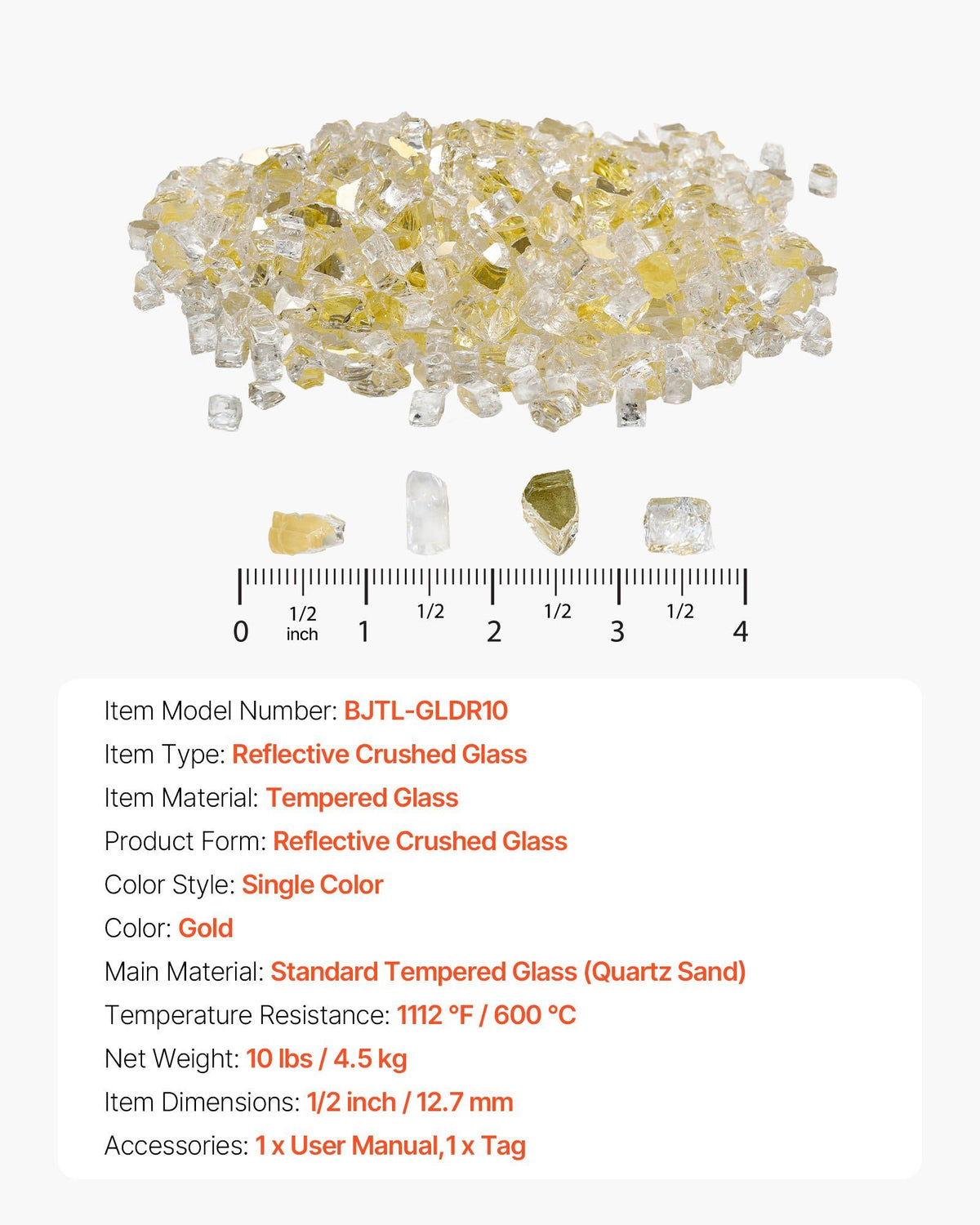Fire Glass, 10 LBS / 4.5 KG High-Temperature Resistant Fireplace Rocks, 1/2-Inch / 12.7 mm Reflective & Smokeless Firepit Glass Rock, High Luster Stone Landscaping for Fire Pit Table, Gold