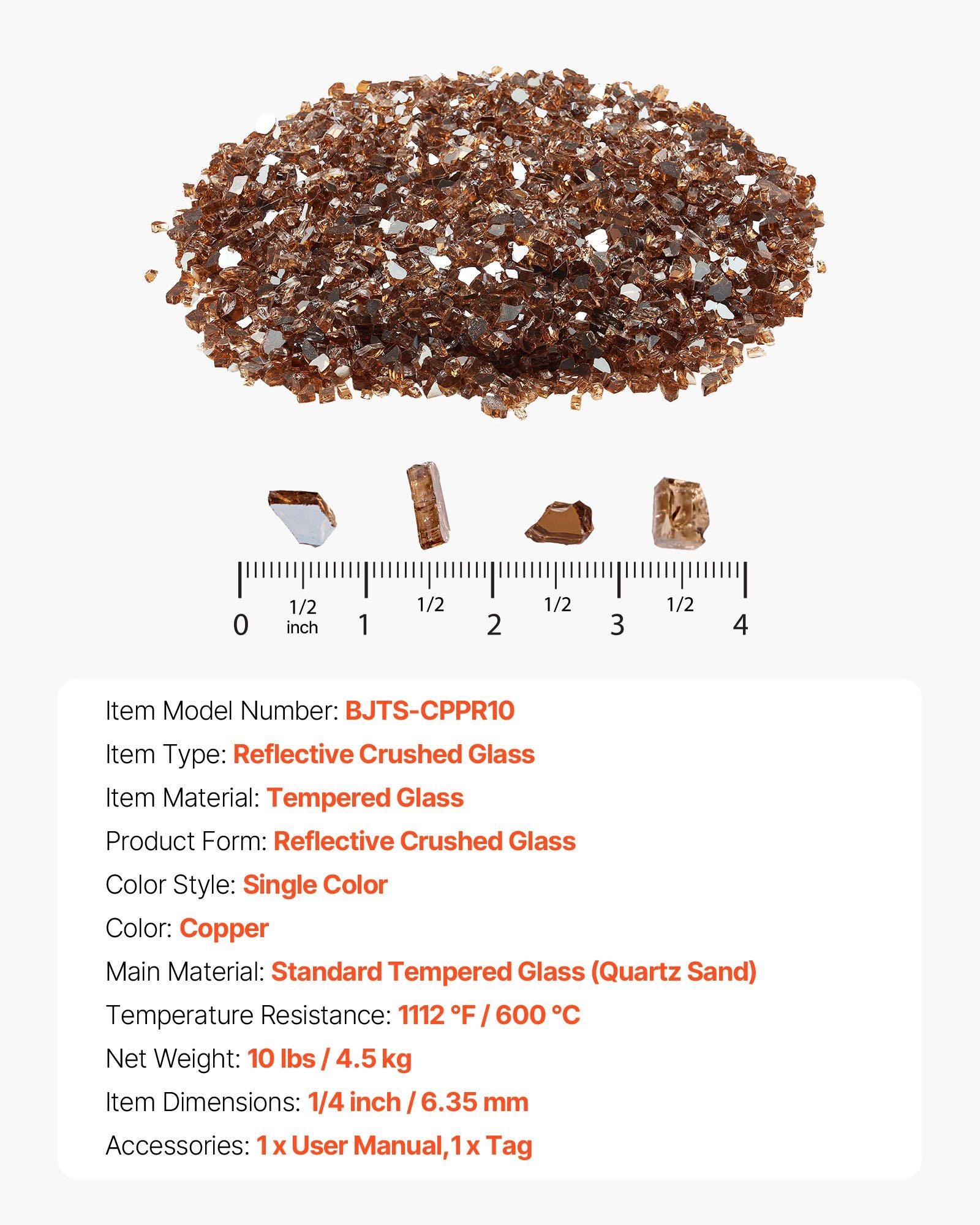Fire Glass, 10 LBS / 4.5 KG High-Temperature Resistant Fireplace Rocks, 1/4-Inch / 6.35 mm Reflective & Smokeless Firepit Glass Rock, High Luster Stone Landscaping for Fire Pit Table, Copper