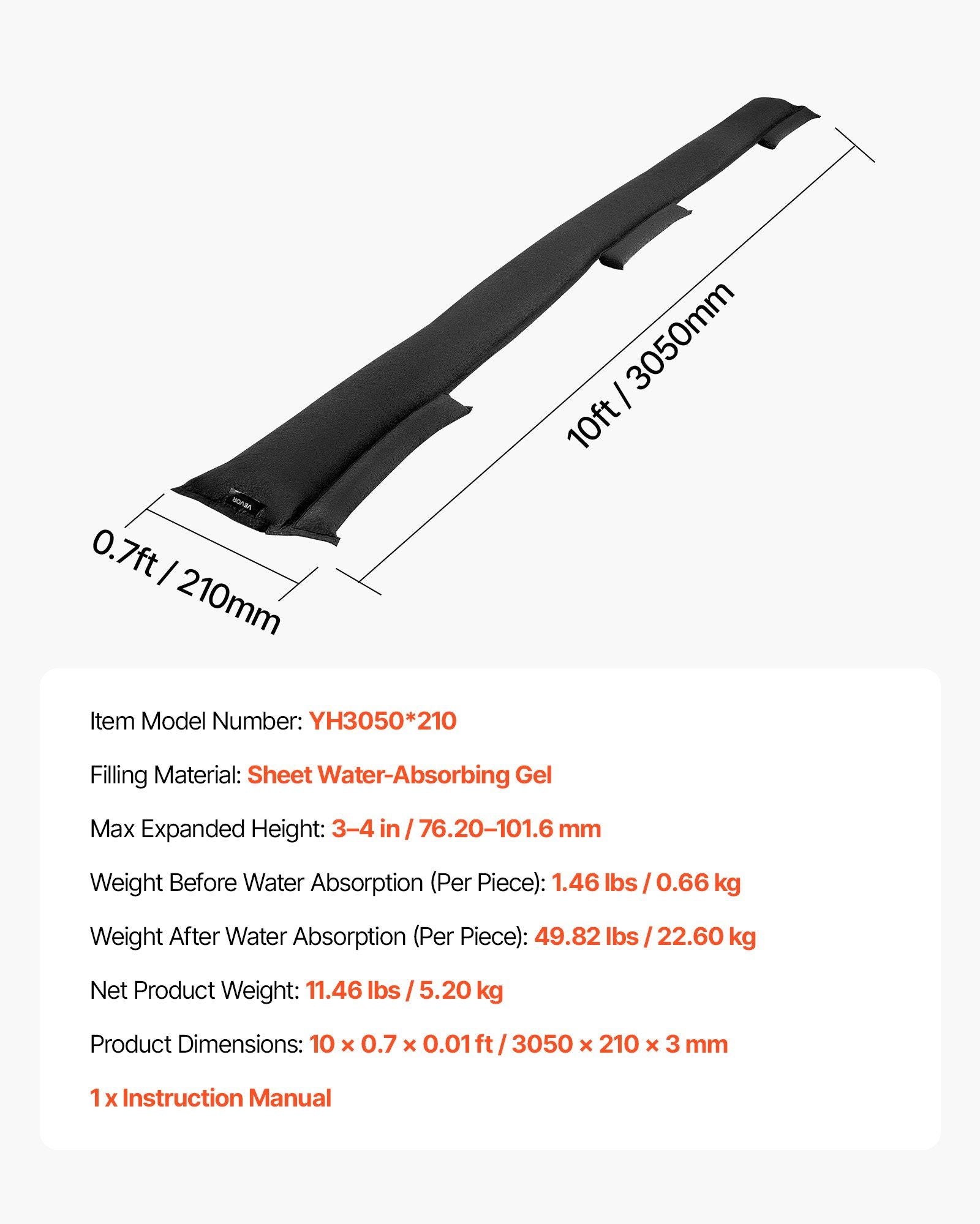 Flood Barrier, 8 Pack, 3050 x 210 mm Flood Bags Activated by Water, Reusable Water Absorbent Barrier, Sandless Sandbags Blockage, Flooding Prevention Bags for Home, Doorway, Basement, Garage