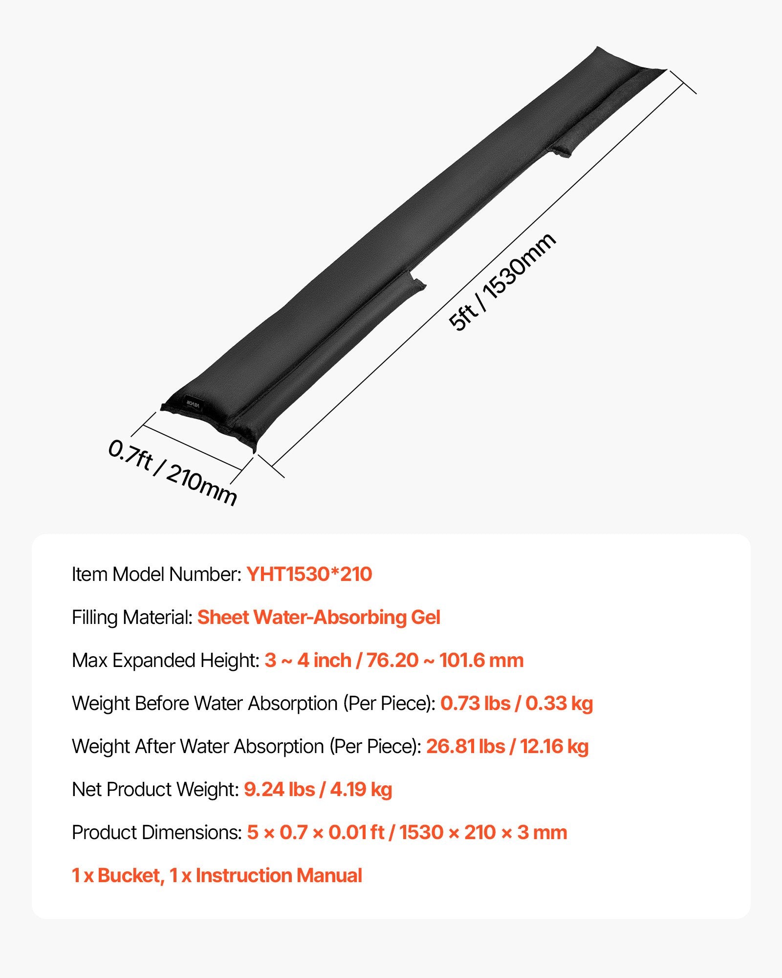 VEVOR Flood Barrier, 10 Pack, 1530 x 210 mm Flood Bags with Bucket, Reusable Water Absorbent Barrier Activated by Water, Sandless Sandbags Blockage, Flooding Prevention Bags for Basement, Garage, Doorway