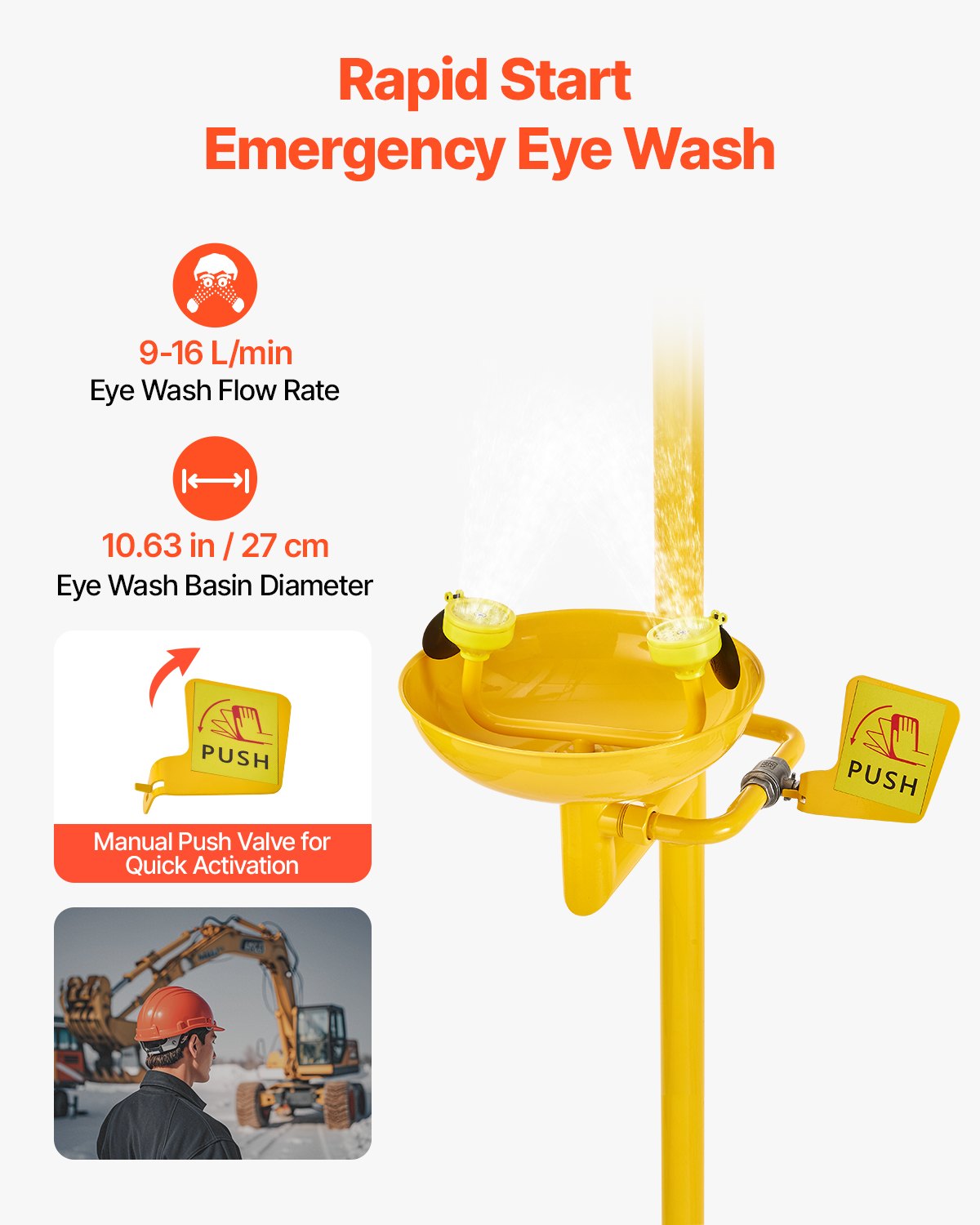 VEVOR Emergency Shower Eye Wash Station, 34.25 x 15.75 x 91.73 Inch 304 Stainless Steel Eyewash and Shower Combination, OSHA-Approved First Aid Eye Wash Station, for Schools, Labs, Factories, Yellow