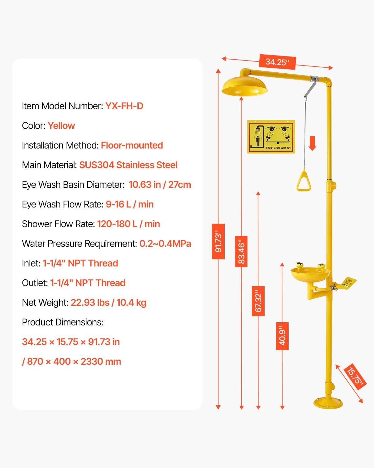 VEVOR Emergency Shower Eye Wash Station, 34.25 x 15.75 x 91.73 Inch 304 Stainless Steel Eyewash and Shower Combination, OSHA-Approved First Aid Eye Wash Station, for Schools, Labs, Factories, Yellow