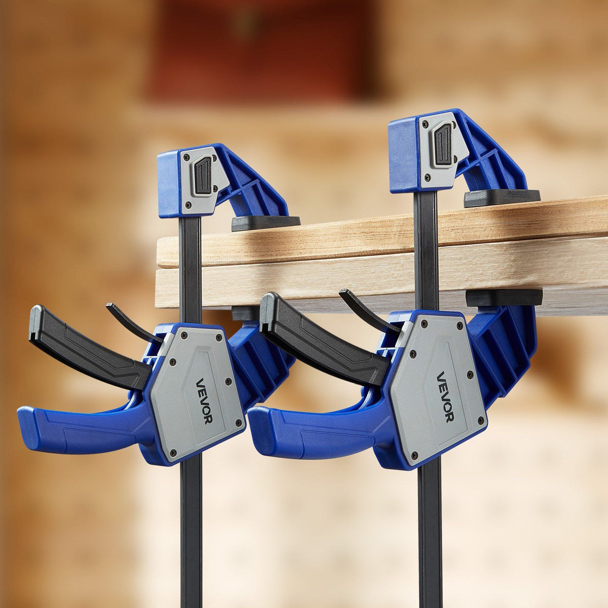 Bar Clamps for Woodworking, 2-Pack 60.96 cm One-Handed Clamp/Spreader, Quick-Grip F-Clamp with 154 kg Load Limit, Premium Plastic and Carbon Steel, for Woodworking Metal working, Blue + Black