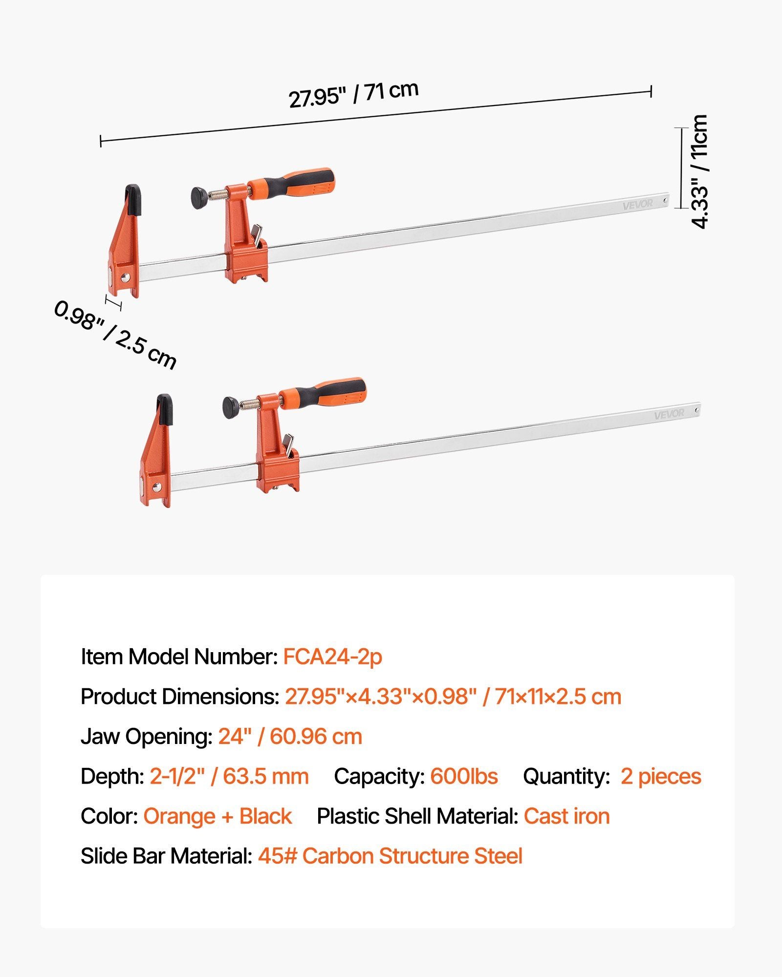 Bar Clamps for Woodworking, 2-Pack 610 mm Opening, Lockable F-Clamp with 272 kg Load Limit, 63.5 mm Depth, Cast Iron and Carbon Steel, Easy to Use, Wood Clamps for Woodworking Metal Working