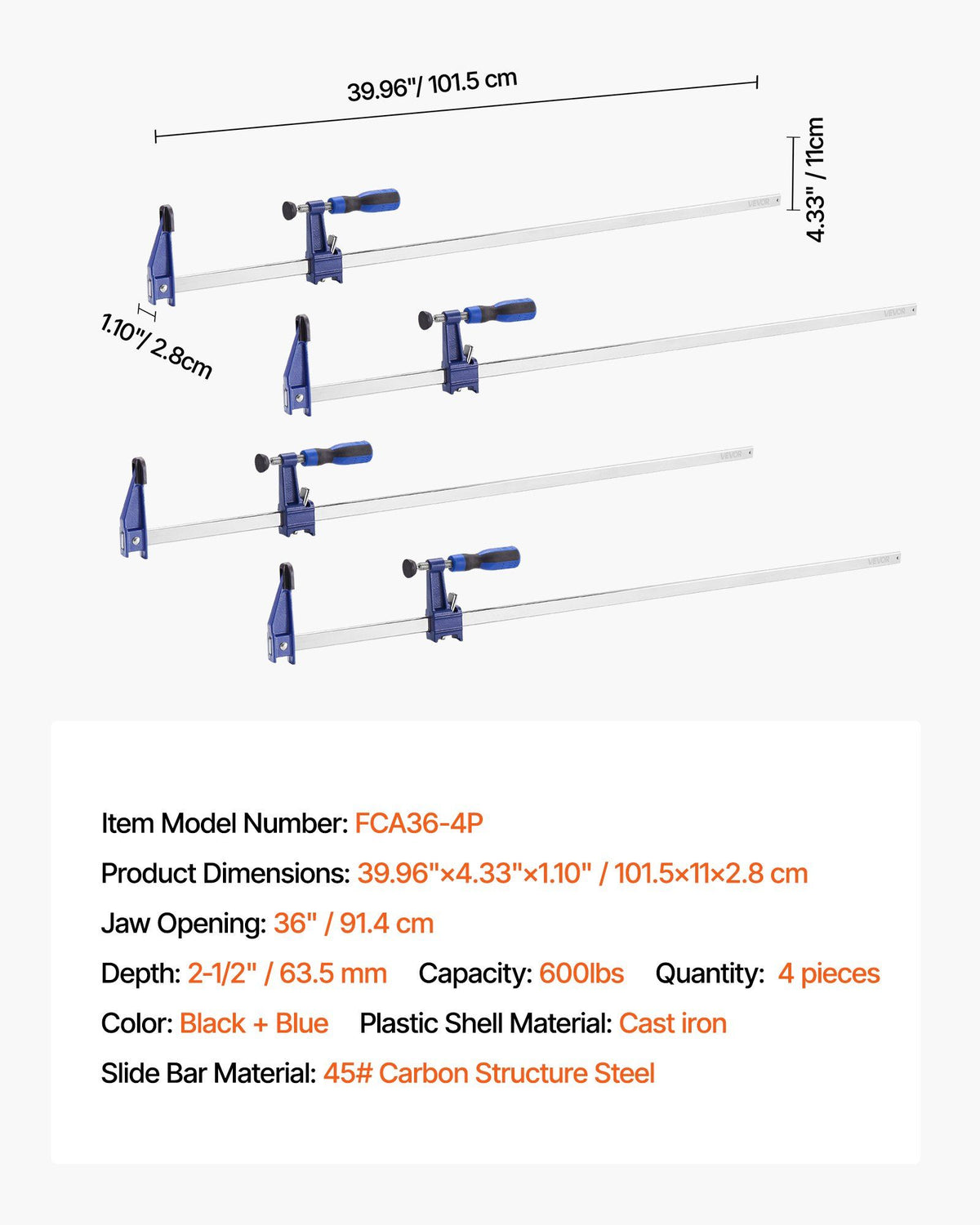 Bar Clamps for Woodworking, 4-Pack 91.4 cm Opening, Lockable F-Clamp with 272 kg Load Limit, 63.5 mm Depth, Cast Iron and Carbon Steel, Easy to Use, Wood Clamps for Woodworking Metal Working