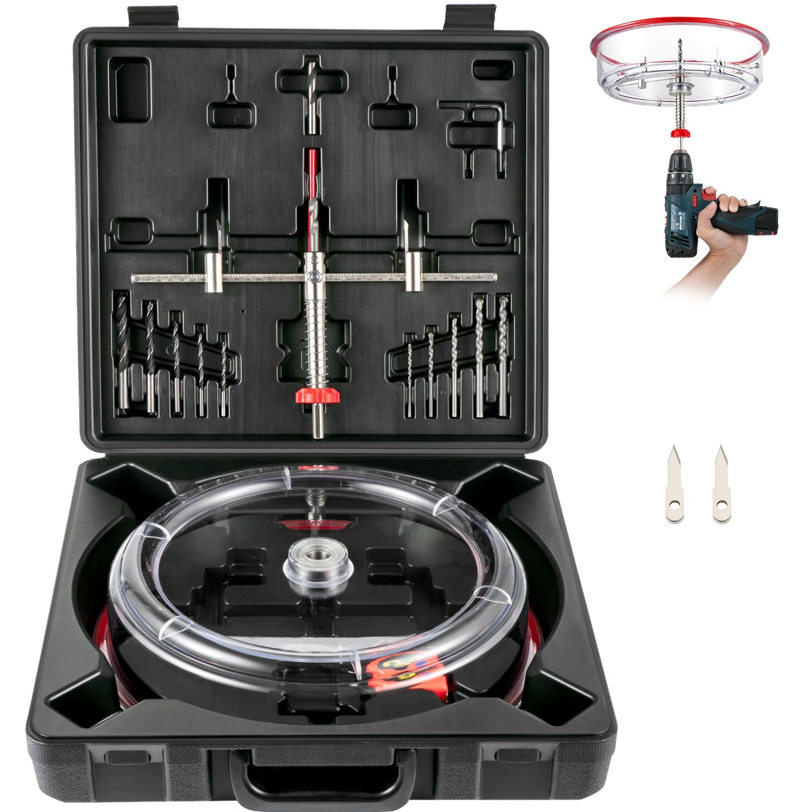 VEVOR Adjustable Hole Saw Cutter Kit, 1-5/8\" to 11-13 /16\" (40-300 mm), Recessed Hole Saw with PC Dust Shield, Two Replaceable Pilot Drill Bits, for Recessed Lights, Ceiling Speakers, Vent Holes