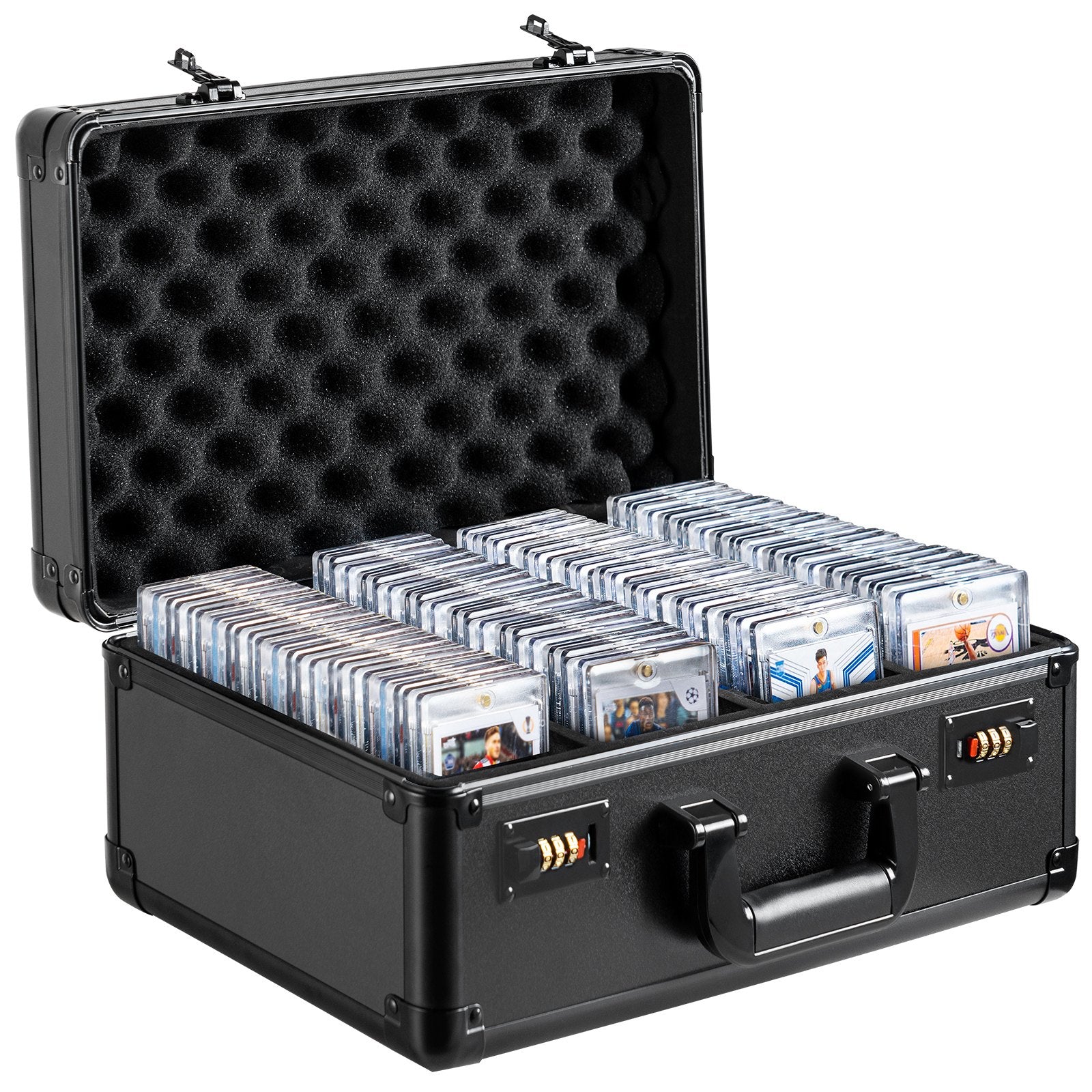 VEVOR Graded Card Storage Box, 4 Slots, Graded Sports Cards Holder Carrying Case with Coded Lock Foam Dividers, for 108 PSA Graded Cards 76 BGS Cards 84 SGC Cards 388 Top Loaders or 999+ Loose Cards