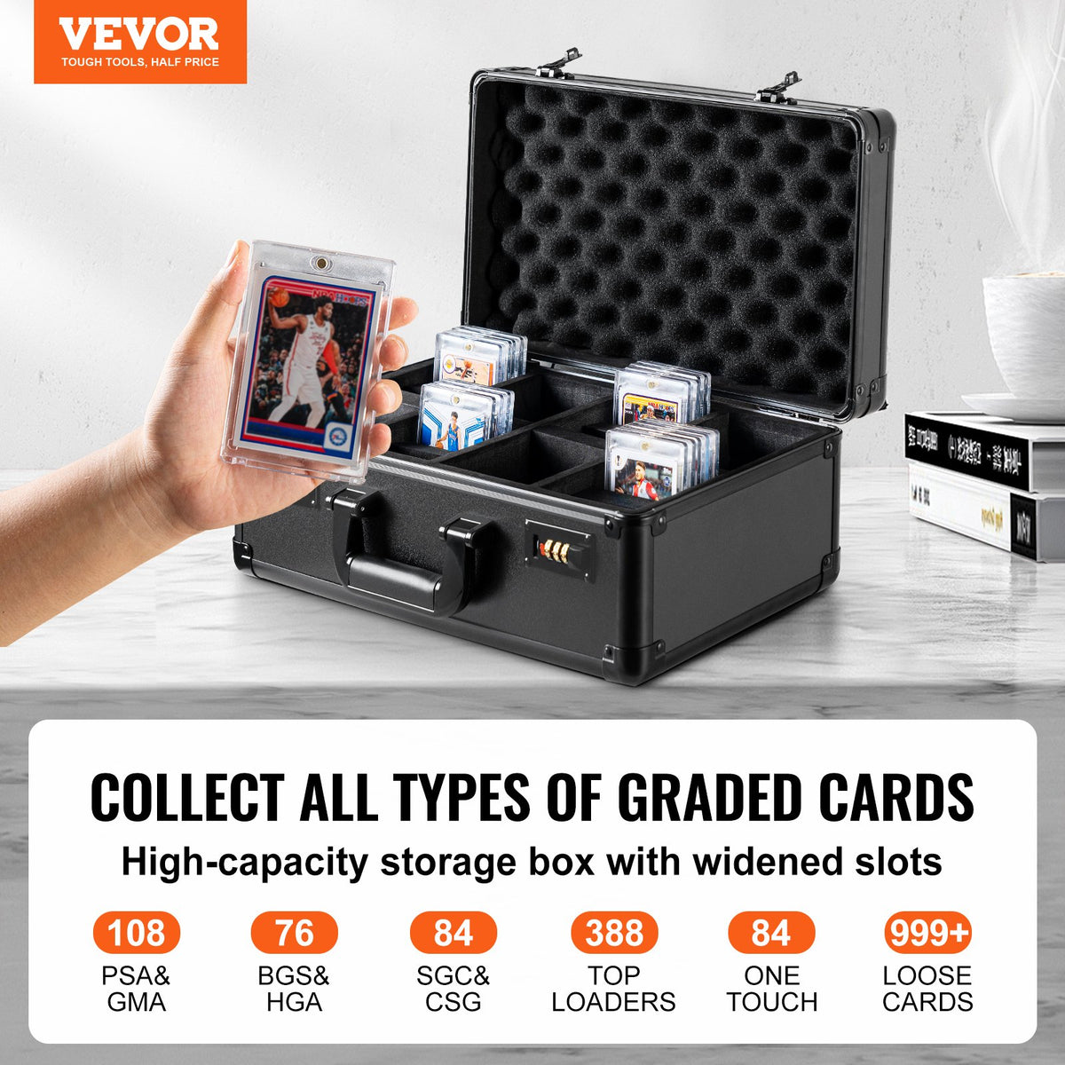 VEVOR Graded Card Storage Box, 4 Slots, Graded Sports Cards Holder Carrying Case with Coded Lock Foam Dividers, for 108 PSA Graded Cards 76 BGS Cards 84 SGC Cards 388 Top Loaders or 999+ Loose Cards