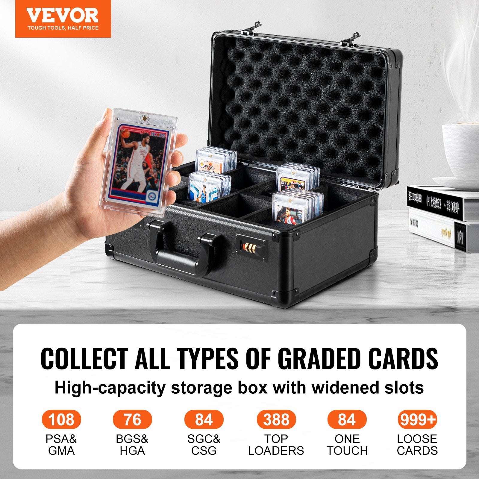 VEVOR Graded Card Storage Box, 4 Slots, Graded Sports Cards Holder Carrying Case with Coded Lock Foam Dividers, for 108 PSA Graded Cards 76 BGS Cards 84 SGC Cards 388 Top Loaders or 999+ Loose Cards