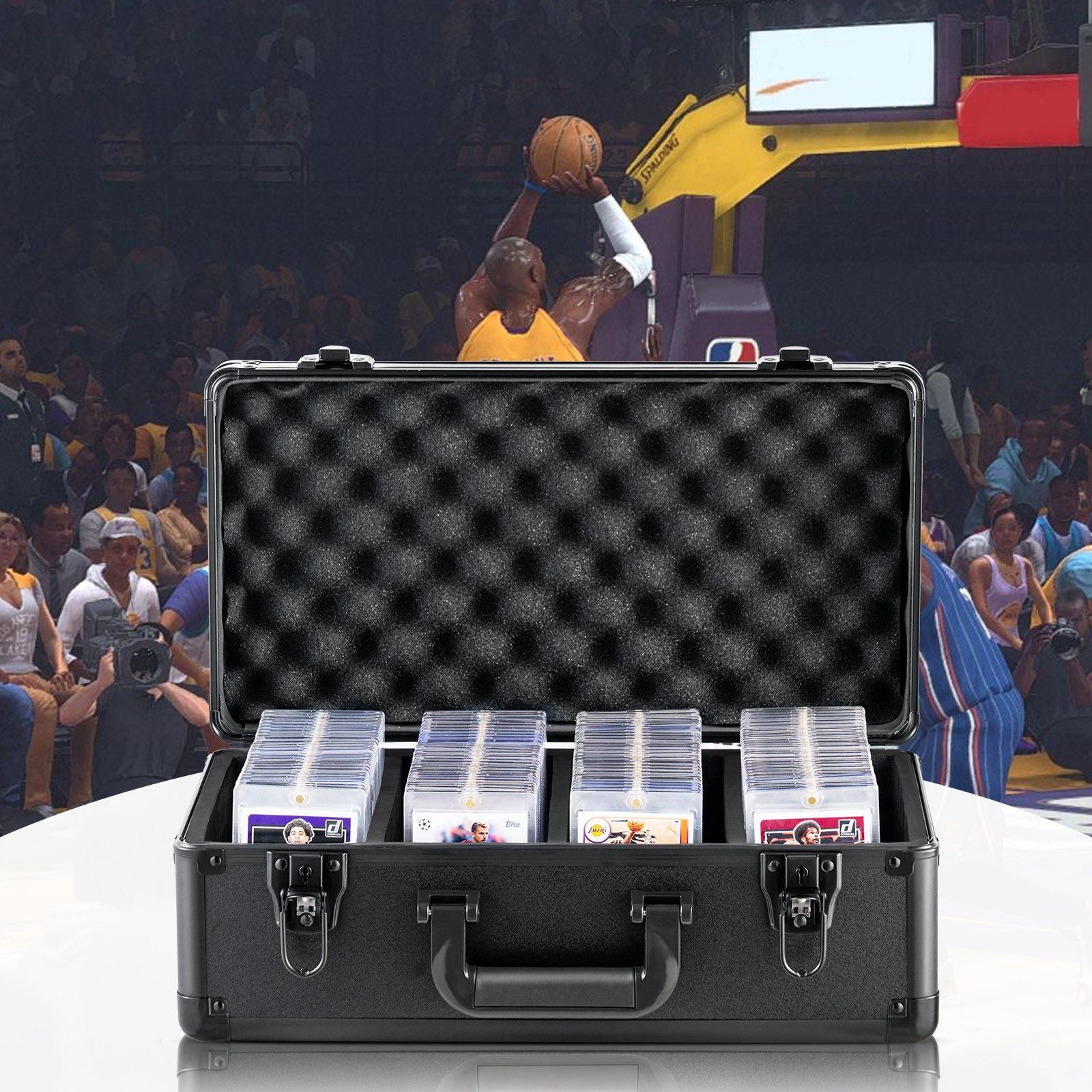 Graded Card Storage Box, 4 Slots, Graded Sports Cards Holder Carrying Case with Key Lock Foam Dividers, for 96 PSA Graded Cards 68 BGS Cards 76 SGC Cards 348 Top Loaders or 999+ Loose Cards