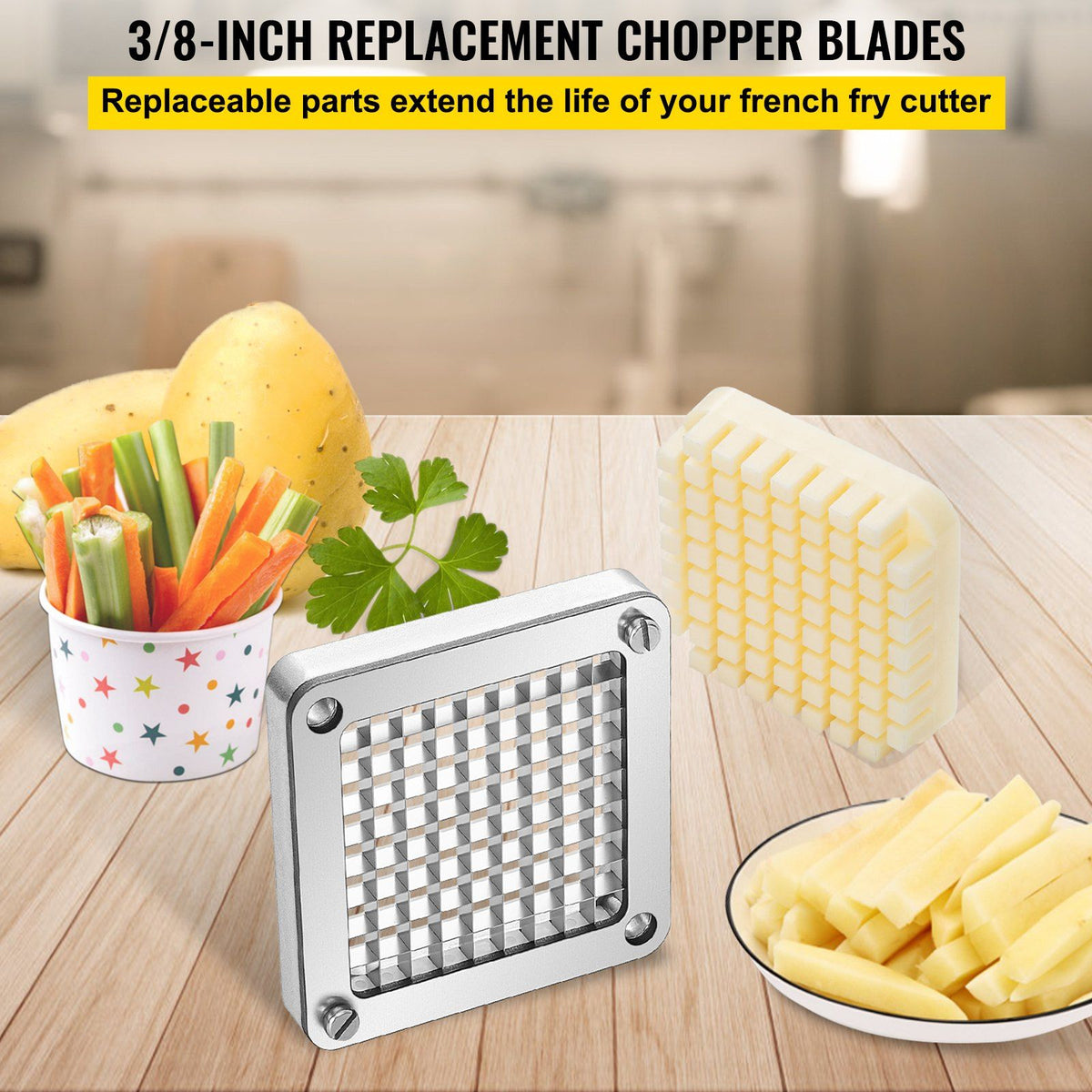 Replacement Chopper Blade, 3/8 inch, 3 PCS French Fry Blade Assembly with 6 Extra Knives, Stainless Steel Dicer Parts and Push Block for Cutting Potatoes Carrots Onions Cucumbers Mushrooms