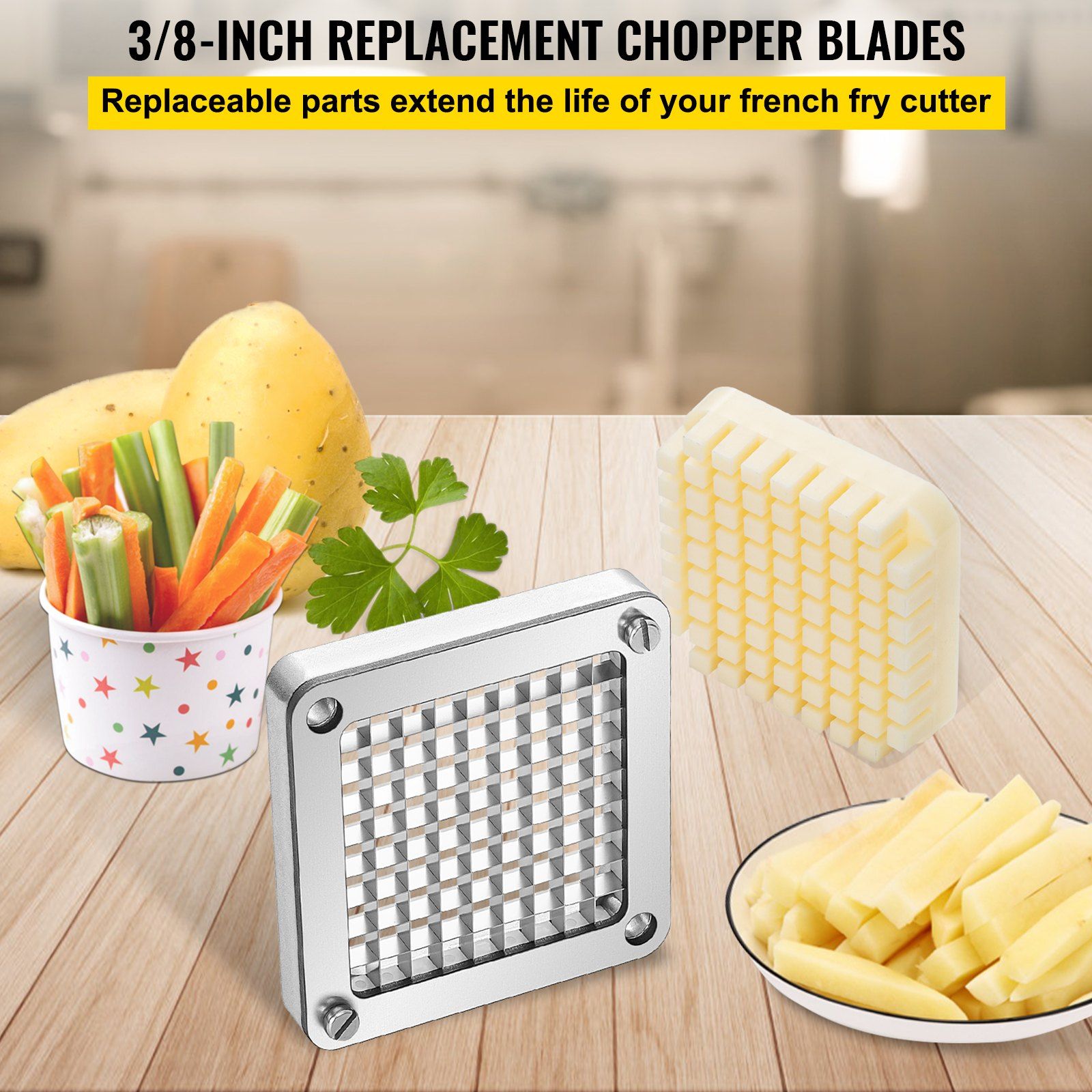 Replacement Chopper Blade, 3/8 inch, 3 PCS French Fry Blade Assembly with 6 Extra Knives, Stainless Steel Dicer Parts and Push Block for Cutting Potatoes Carrots Onions Cucumbers Mushrooms
