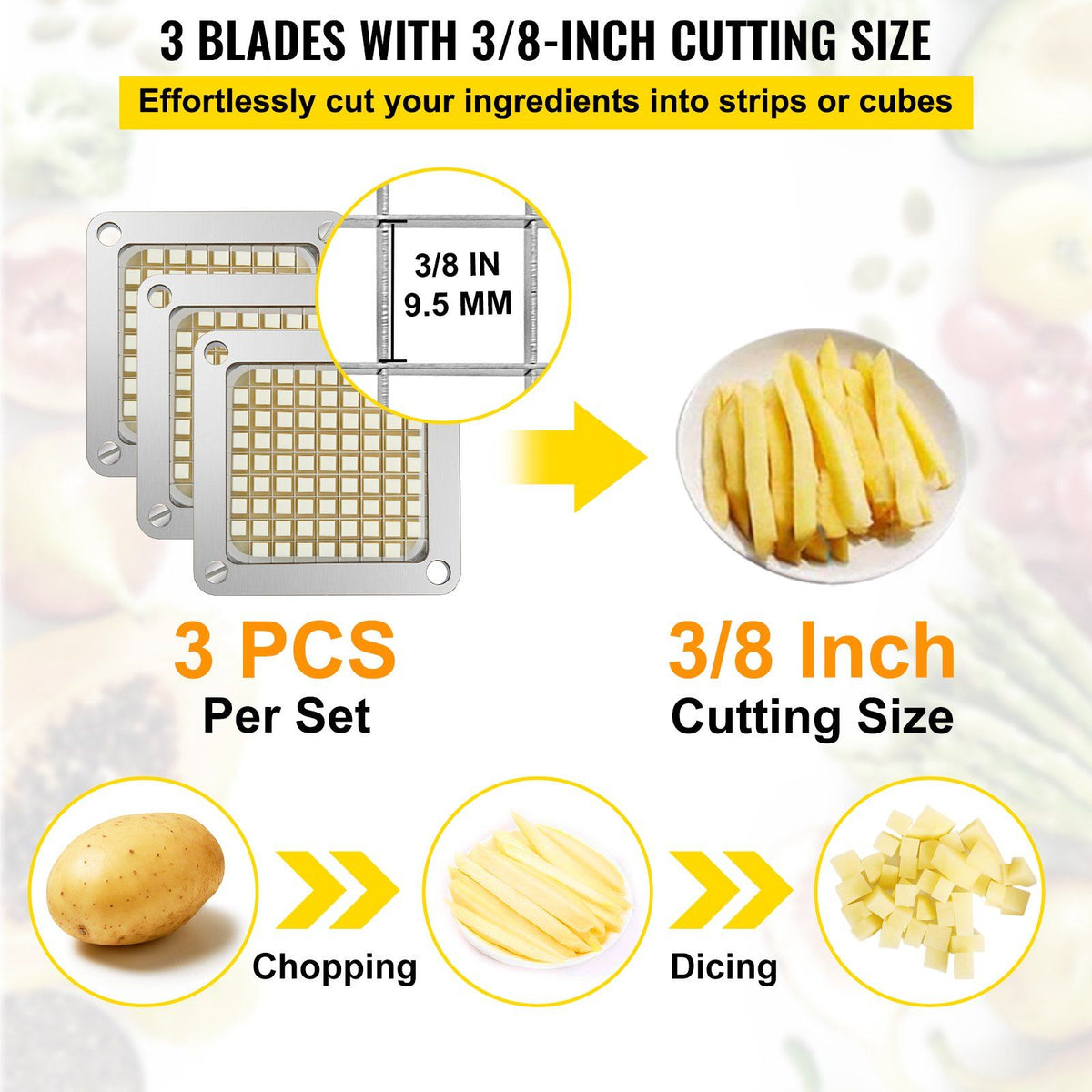 Replacement Chopper Blade, 3/8 inch, 3 PCS French Fry Blade Assembly with 6 Extra Knives, Stainless Steel Dicer Parts and Push Block for Cutting Potatoes Carrots Onions Cucumbers Mushrooms