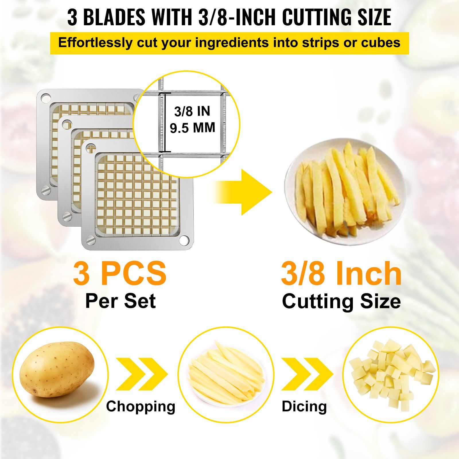 Replacement Chopper Blade, 3/8 inch, 3 PCS French Fry Blade Assembly with 6 Extra Knives, Stainless Steel Dicer Parts and Push Block for Cutting Potatoes Carrots Onions Cucumbers Mushrooms