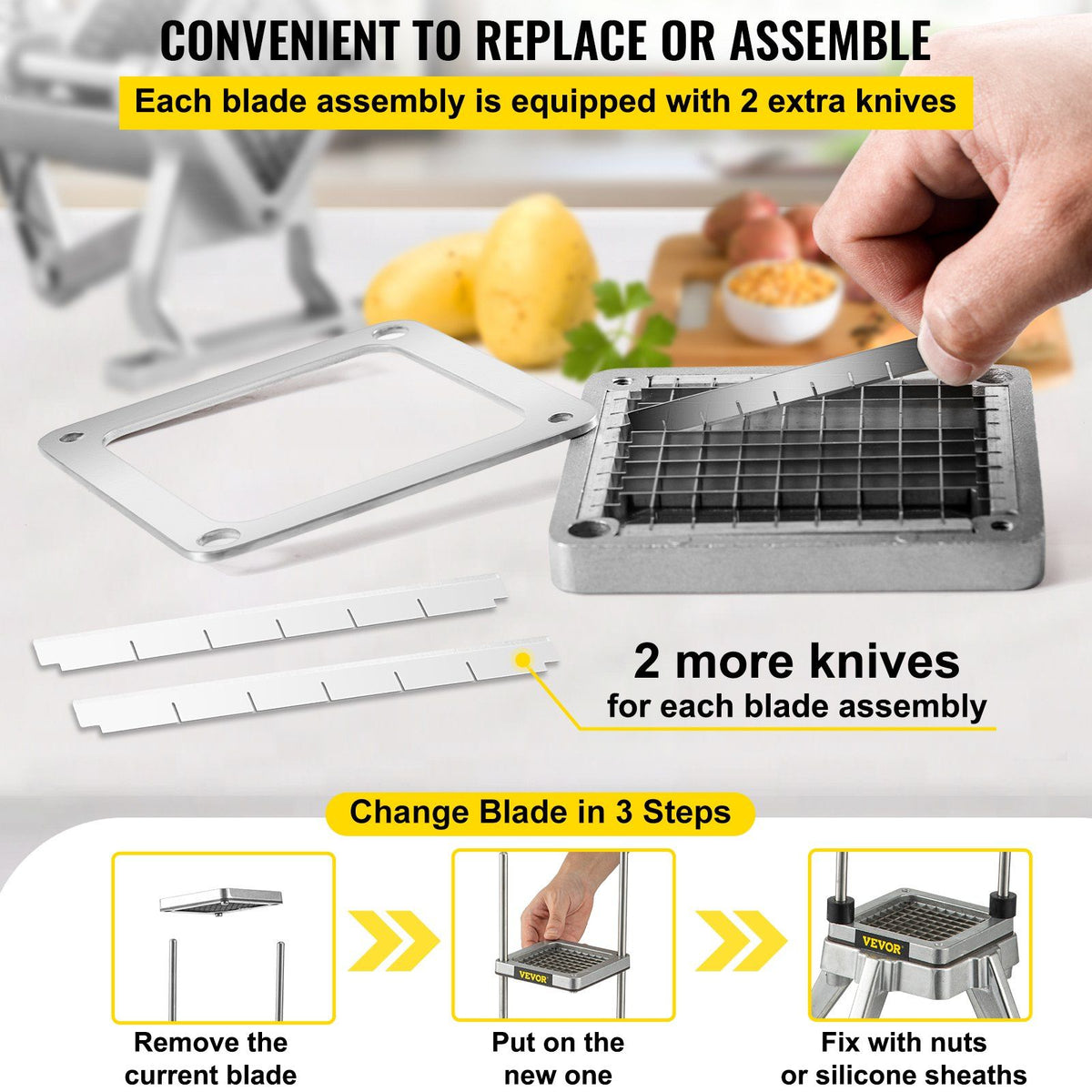 Replacement Chopper Blade, 3/8 inch, 3 PCS French Fry Blade Assembly with 6 Extra Knives, Stainless Steel Dicer Parts and Push Block for Cutting Potatoes Carrots Onions Cucumbers Mushrooms