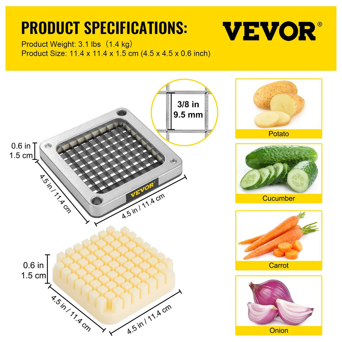 Replacement Chopper Blade, 3/8 inch, 3 PCS French Fry Blade Assembly with 6 Extra Knives, Stainless Steel Dicer Parts and Push Block for Cutting Potatoes Carrots Onions Cucumbers Mushrooms
