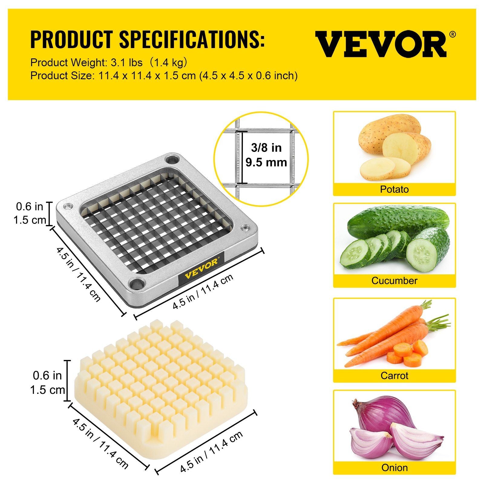 Replacement Chopper Blade, 3/8 inch, 3 PCS French Fry Blade Assembly with 6 Extra Knives, Stainless Steel Dicer Parts and Push Block for Cutting Potatoes Carrots Onions Cucumbers Mushrooms