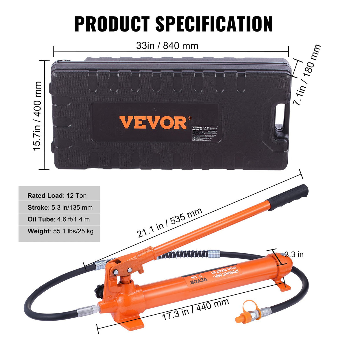 VEVOR 12 Ton Hydraulic Jack Air Pump Lift Ram Body Frame Porta Power Repair Kits