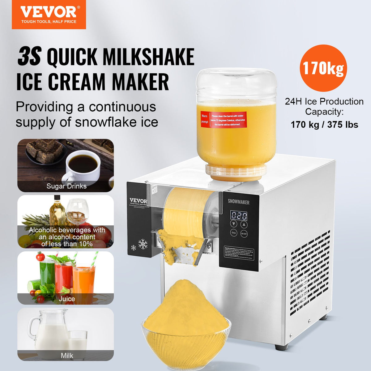 VEVOR Commercial Snowflake Ice Machine, 375LBS/24H Snowflake Ice Maker, Stainless Steel Ice Shaver Machine, Electric Snow Cone Maker, Air Cooling System for Rapid Heat Dissipation, for Bakery, Cafe