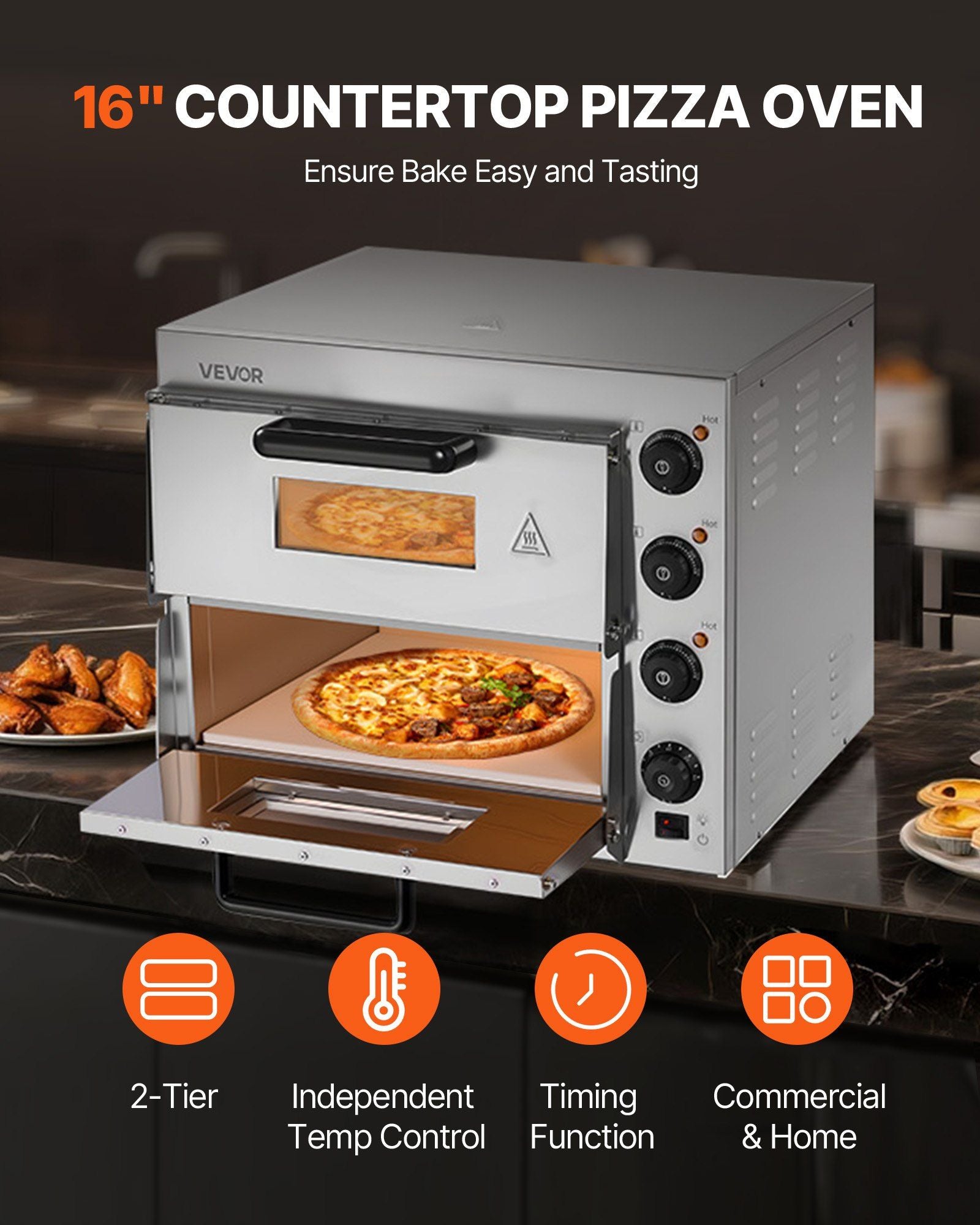 Commercial Pizza Oven Countertop, 16-Inch Double Deck Layers, Stainless Steel Electric Pizza Oven with Stone and Handle, Multipurpose Indoor Pizza Maker for Restaurant Home Pretzels Baked