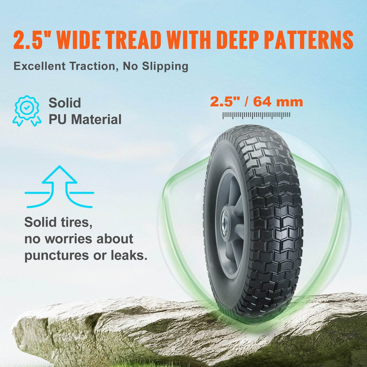 VEVOR Solid PU Run-Flat Tire Wheel, 254 mm, 2-Pack, 81.6 kg Dynamic Load, 99.8 kg Static Load, Flat Free Tubeless Tires and Wheels for Hand Truck, Utility Cart, Dollies, Garden Trailers, Various Carts