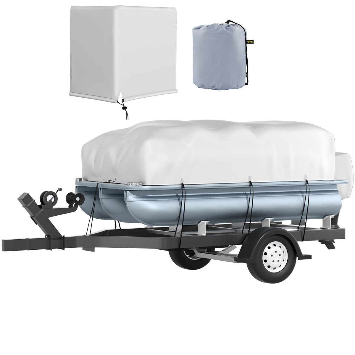 VEVOR Pontoon Boat Cover, Fit for 17\&#39;-20\&#39; Boat, Heavy Duty 600D Marine Grade Oxford Fabric, UV Resistant Waterproof Trailerable Boat Cover with 2 Support Poles and 7 Wind-Proof Straps, Gray