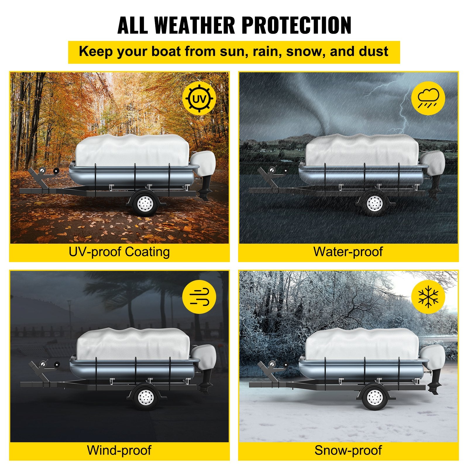 VEVOR Pontoon Boat Cover, Fit for 17\'-20\' Boat, Heavy Duty 600D Marine Grade Oxford Fabric, UV Resistant Waterproof Trailerable Boat Cover with 2 Support Poles and 7 Wind-Proof Straps, Gray