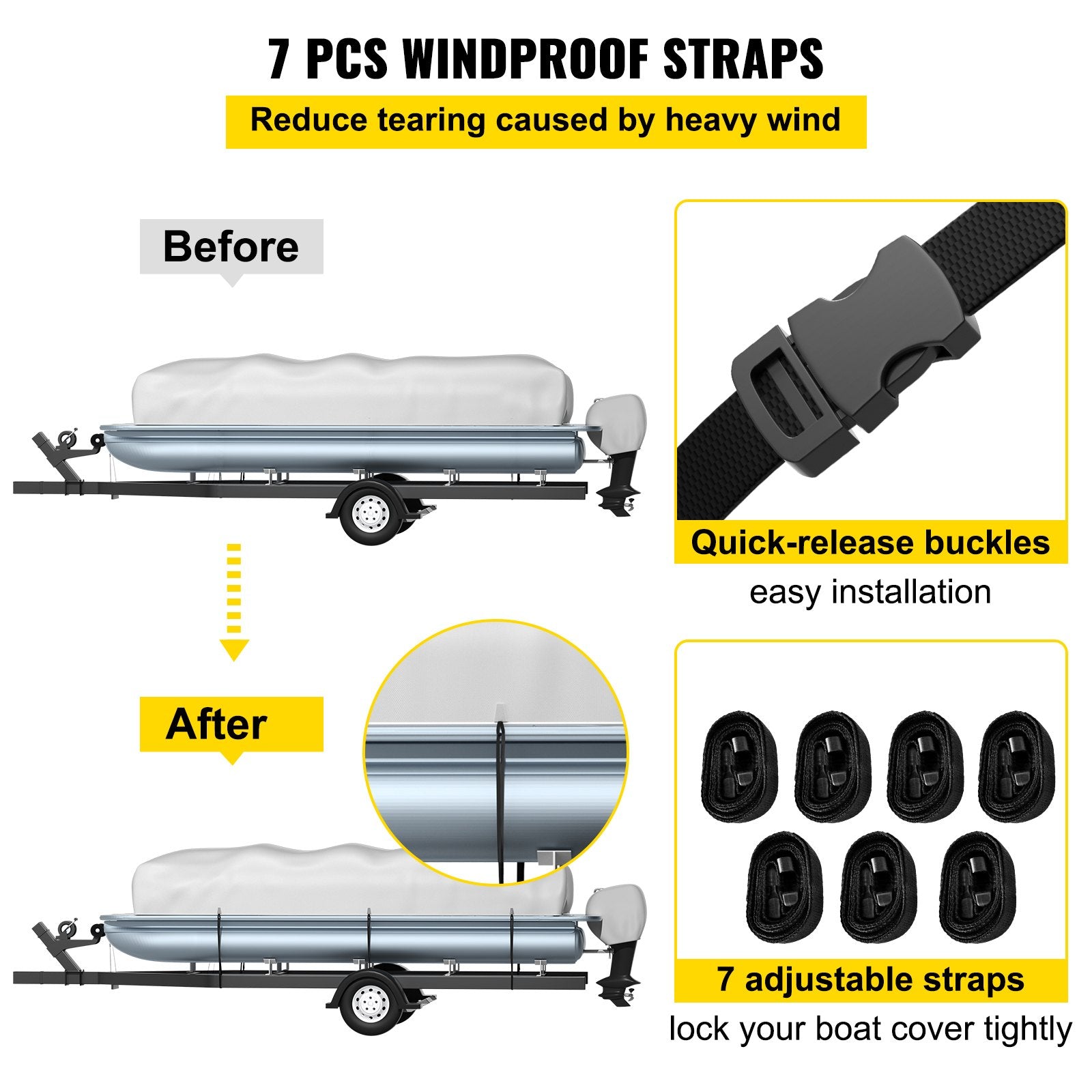 VEVOR Pontoon Boat Cover, Fit for 25\'-28\' Boat, Heavy Duty 600D Marine Grade Oxford Fabric, UV Resistant Waterproof Trailerable Boat Cover with 2 Support Poles and 7 Wind-Proof Straps, Gray