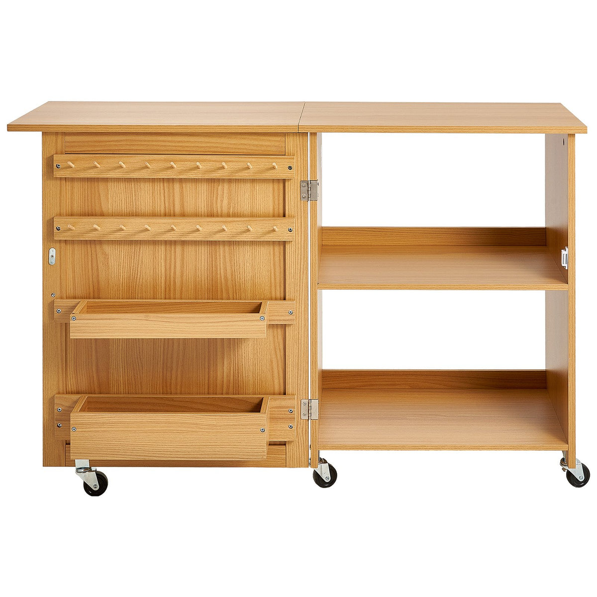 VEVOR Folding Sewing Table with Lockable Wheels Shelves Trays Door Wood Color