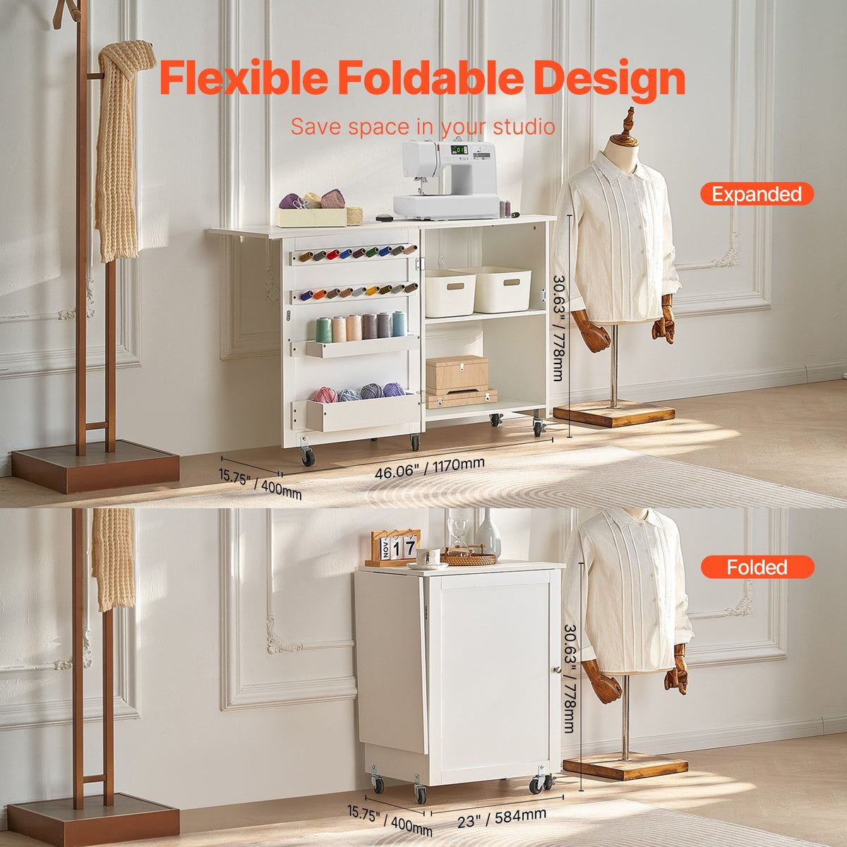 VEVOR Folding Sewing Table with Lockable Wheels Storage Shelves Trays Door White
