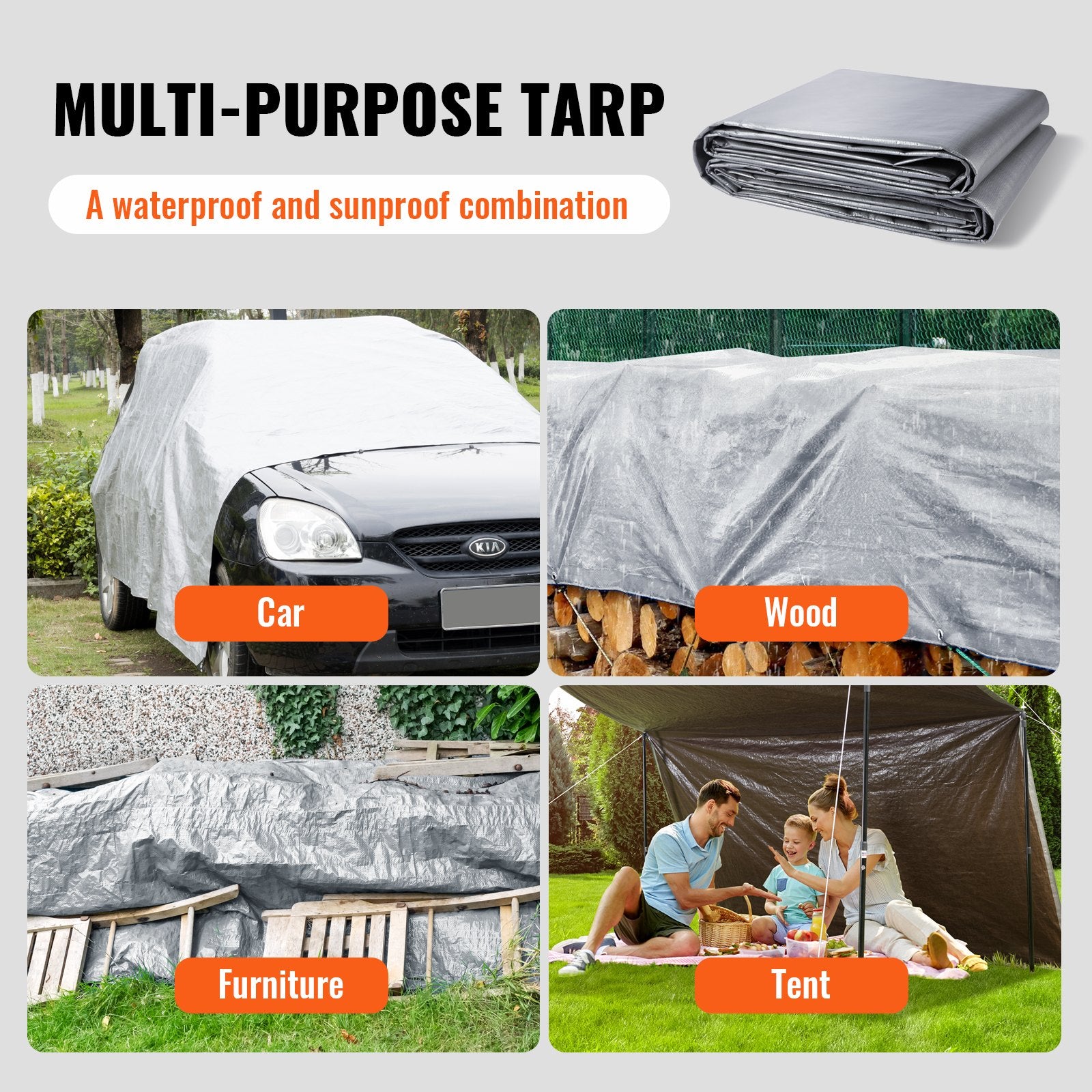VEVOR Tarp Waterproof Tarpaulin 20 x 30 ft 10 Mil Plastic Poly Tear UV Resistant