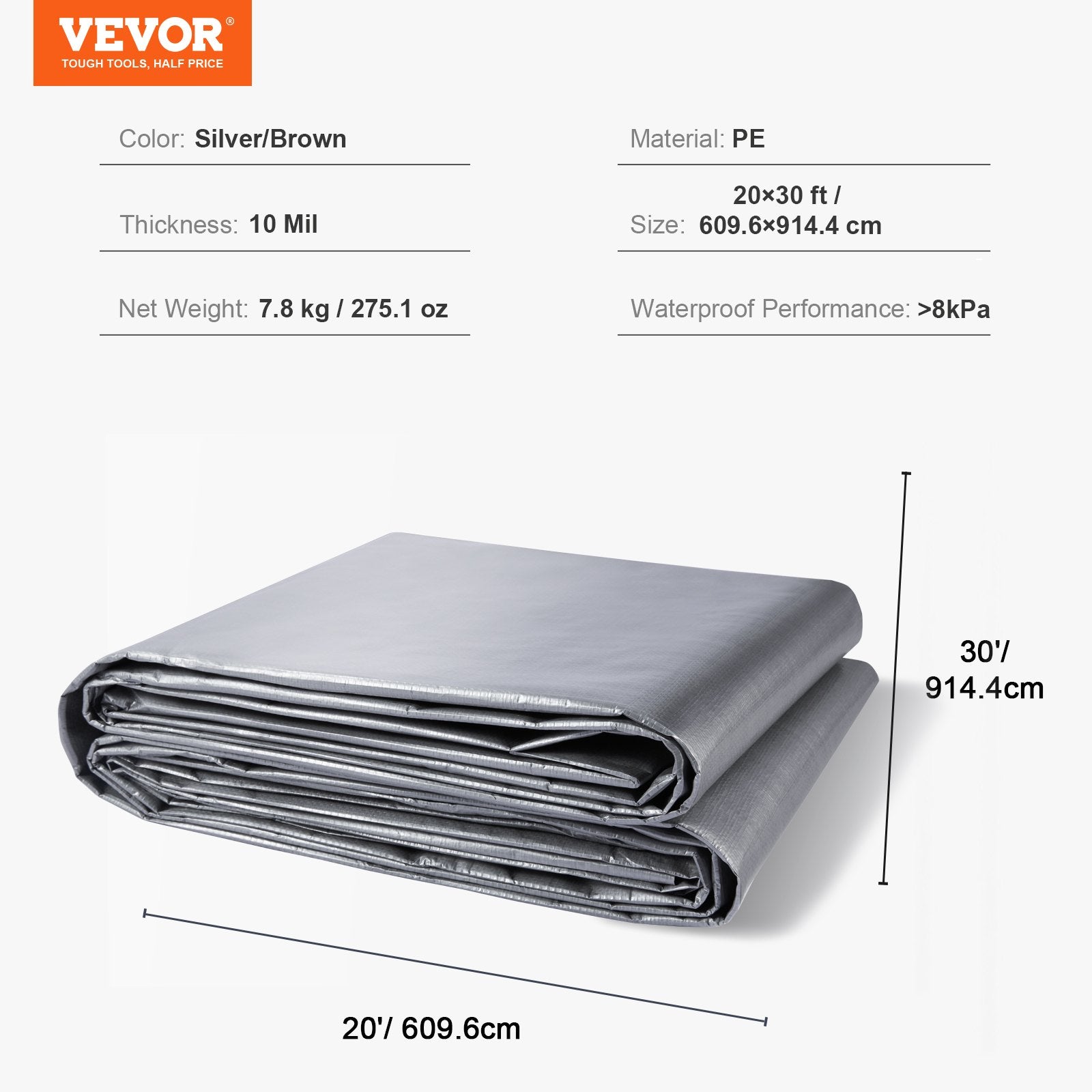 VEVOR Tarp Waterproof Tarpaulin 20 x 30 ft 10 Mil Plastic Poly Tear UV Resistant