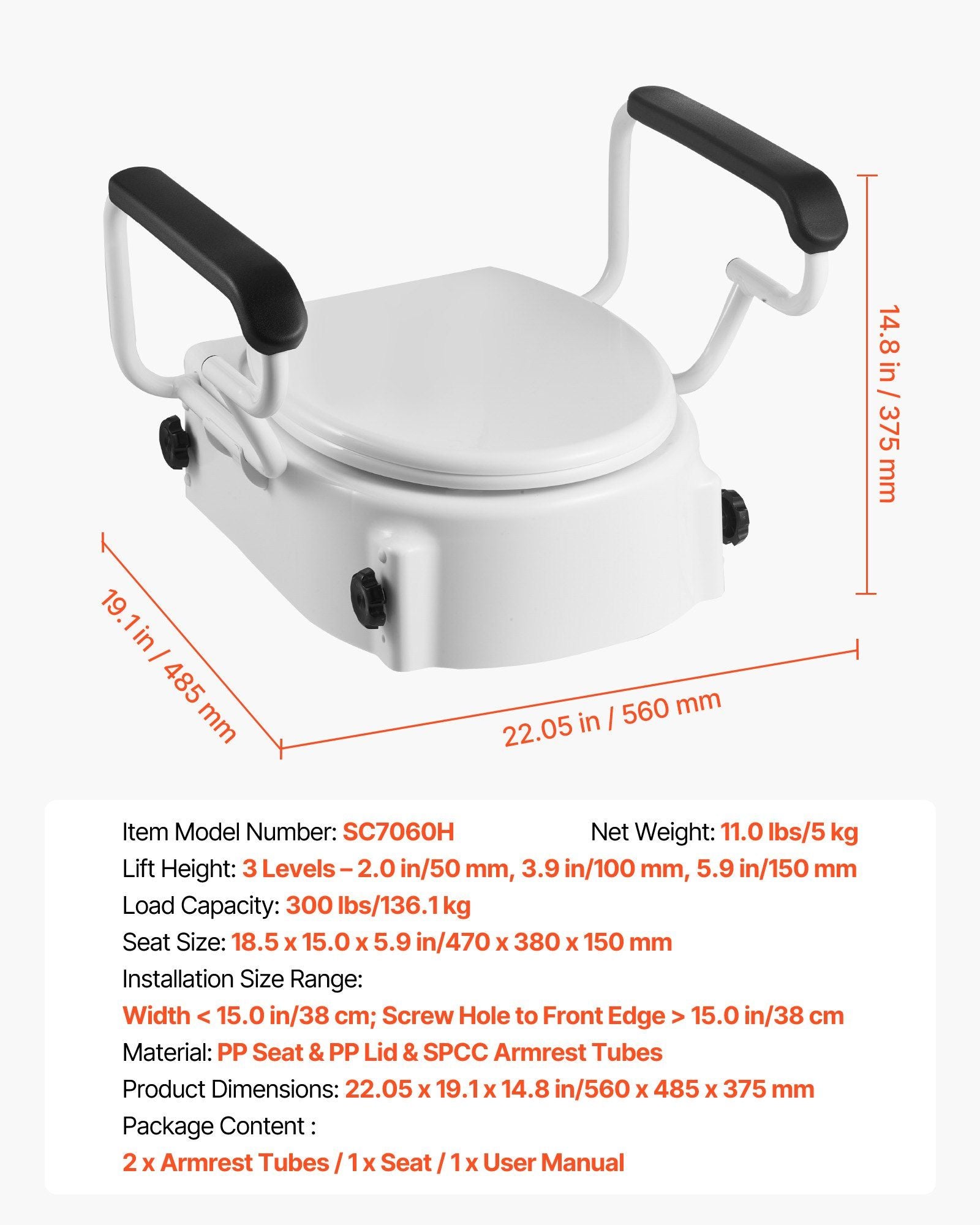 Raised Toilet Seat with Arms, 136.1 kg Load Capacity, 3-Level Adjustable Height, Widened Commode Elevated Toilet Seat Riser with Padded Handles for Seniors, Elderly, Handicap, Disabled, Adults